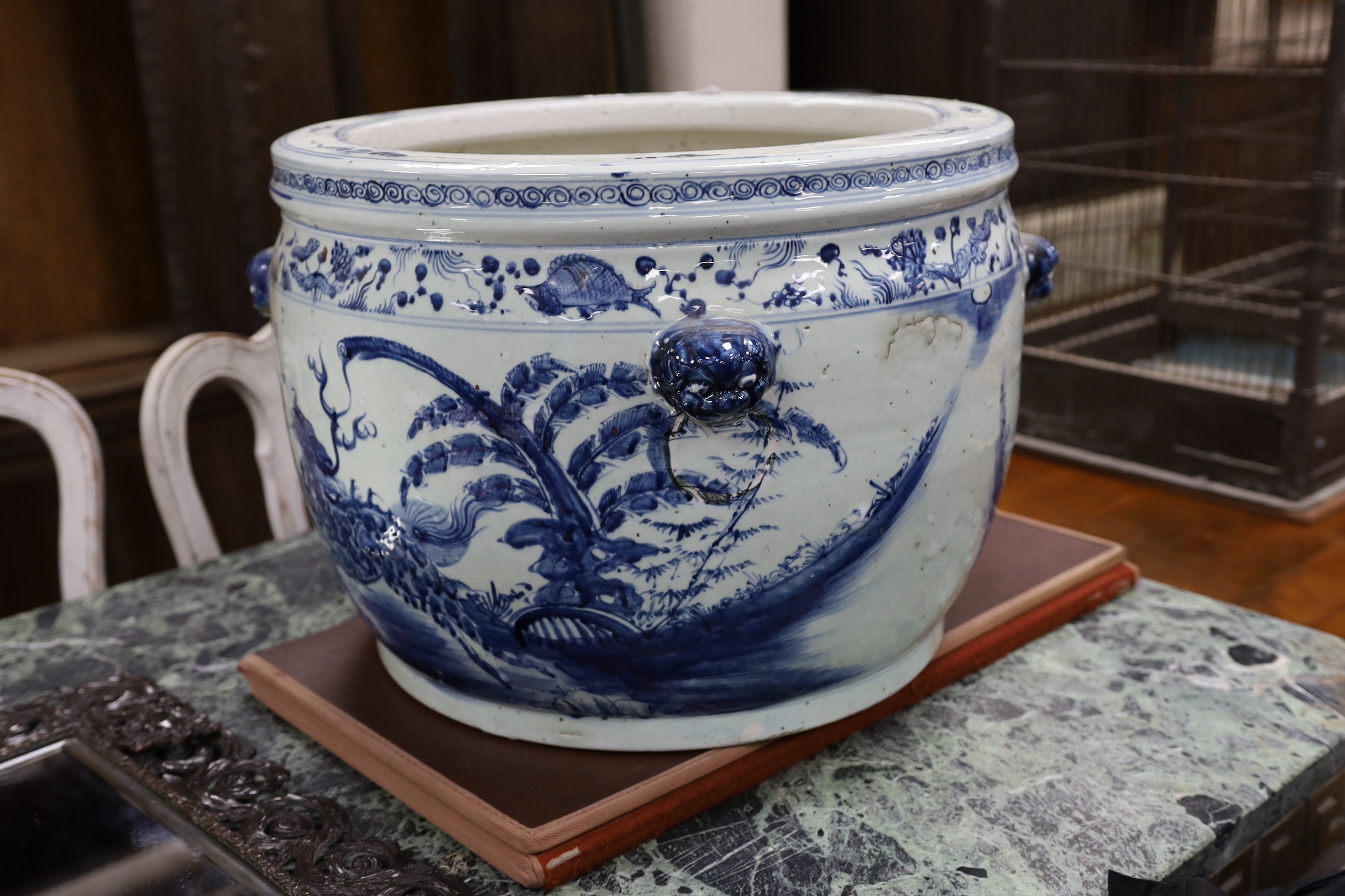 A large Chinese blue and white fish bowl. 39cm high